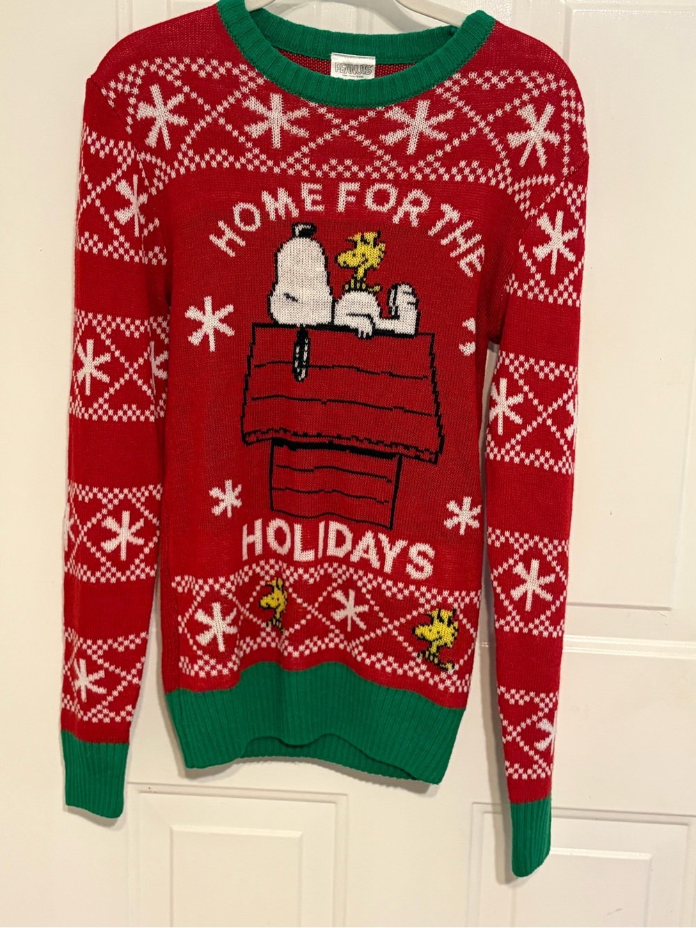 Peanuts Womens Christmas Sweater "Home for the Holidays" w/Snoopy & Woodstock XS